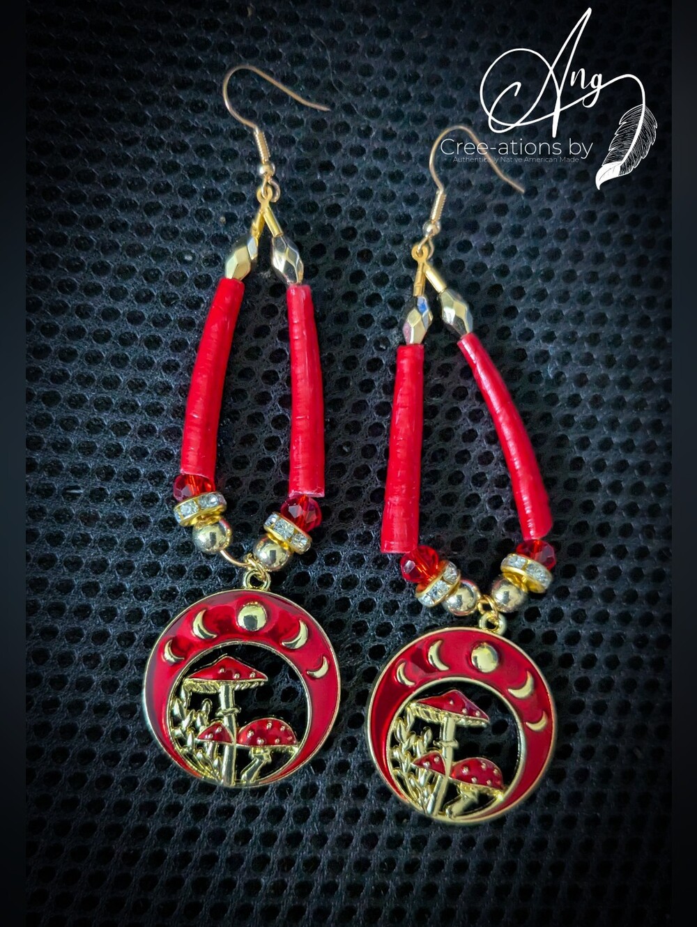 Native American Red & Gold Mushroom Moon Drop Dentalium Shell Earrings